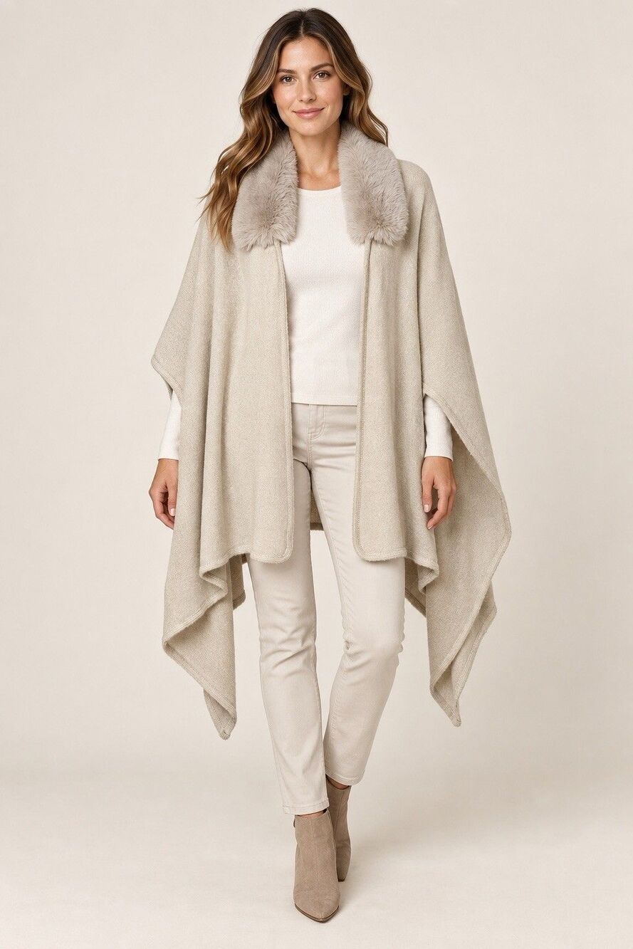 Coco + Carmen Faux Fur Collar Knit Ruana Wrap Poncho Cape Cream One Siz
